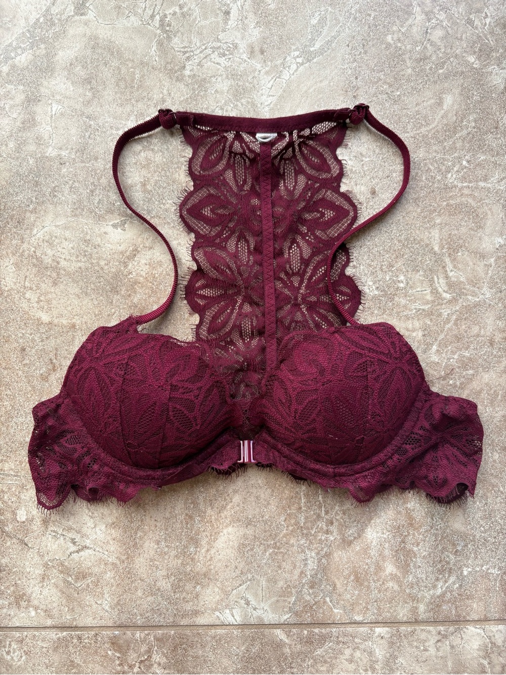 Pink Victoria’s Secret Burgundy lace front closure bra 36A